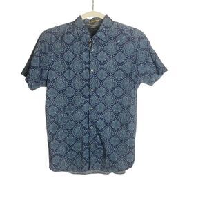 Ted Baker Mens Blue Paisley Print Short Sleeve Cotton Button-up Shirt Size 2